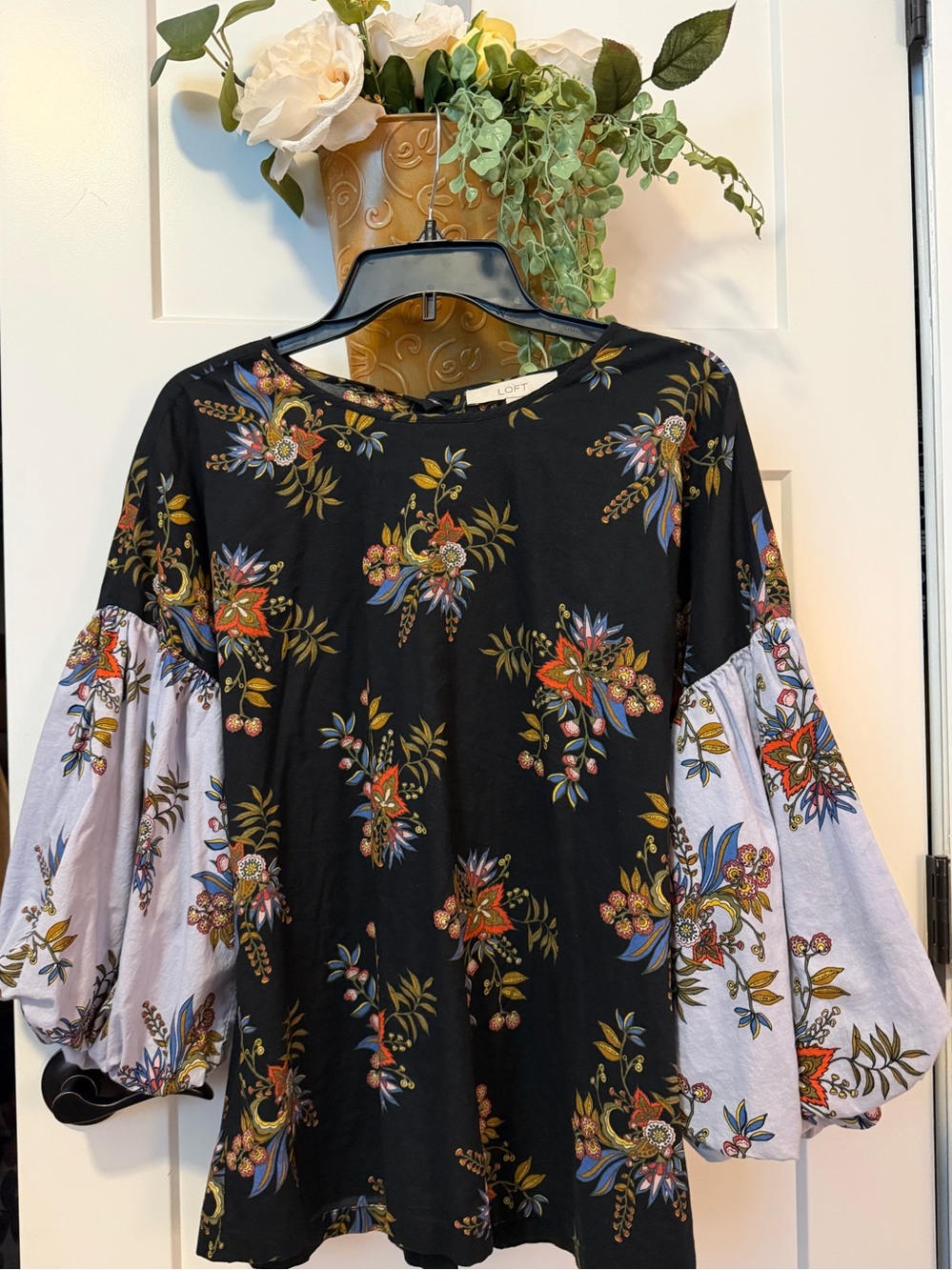 LOFT Floral Bell-Sleeve Top in Black and Lavender